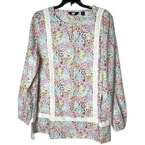 Lands’ End Women’s L Floral Boho Cottagecore Cotton Tunic Top Blouse White Pink
